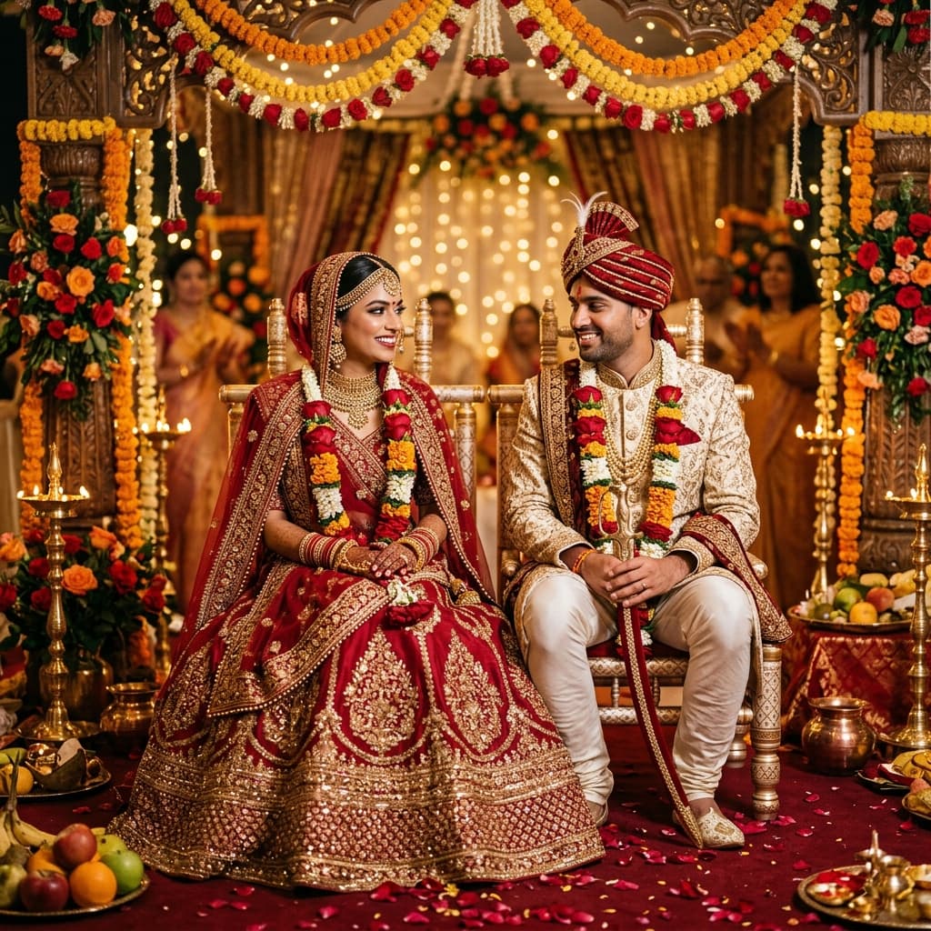 Traditional Indian Hindu wedding couple during their sacred vivah ceremony